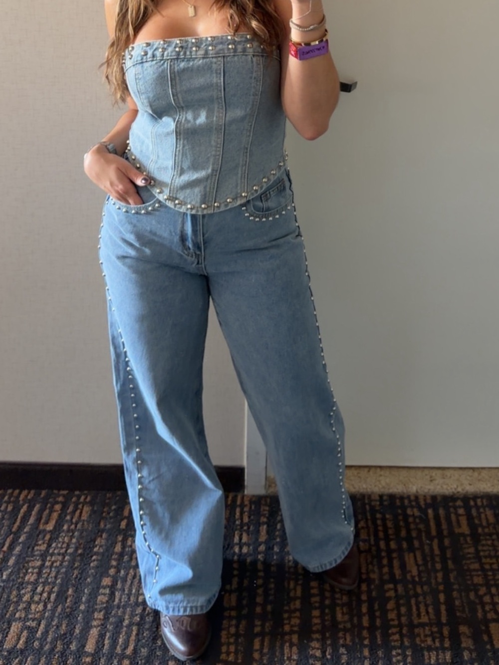 Wide Leg Studded Blue Denim Jeans - Picture 4 of 4